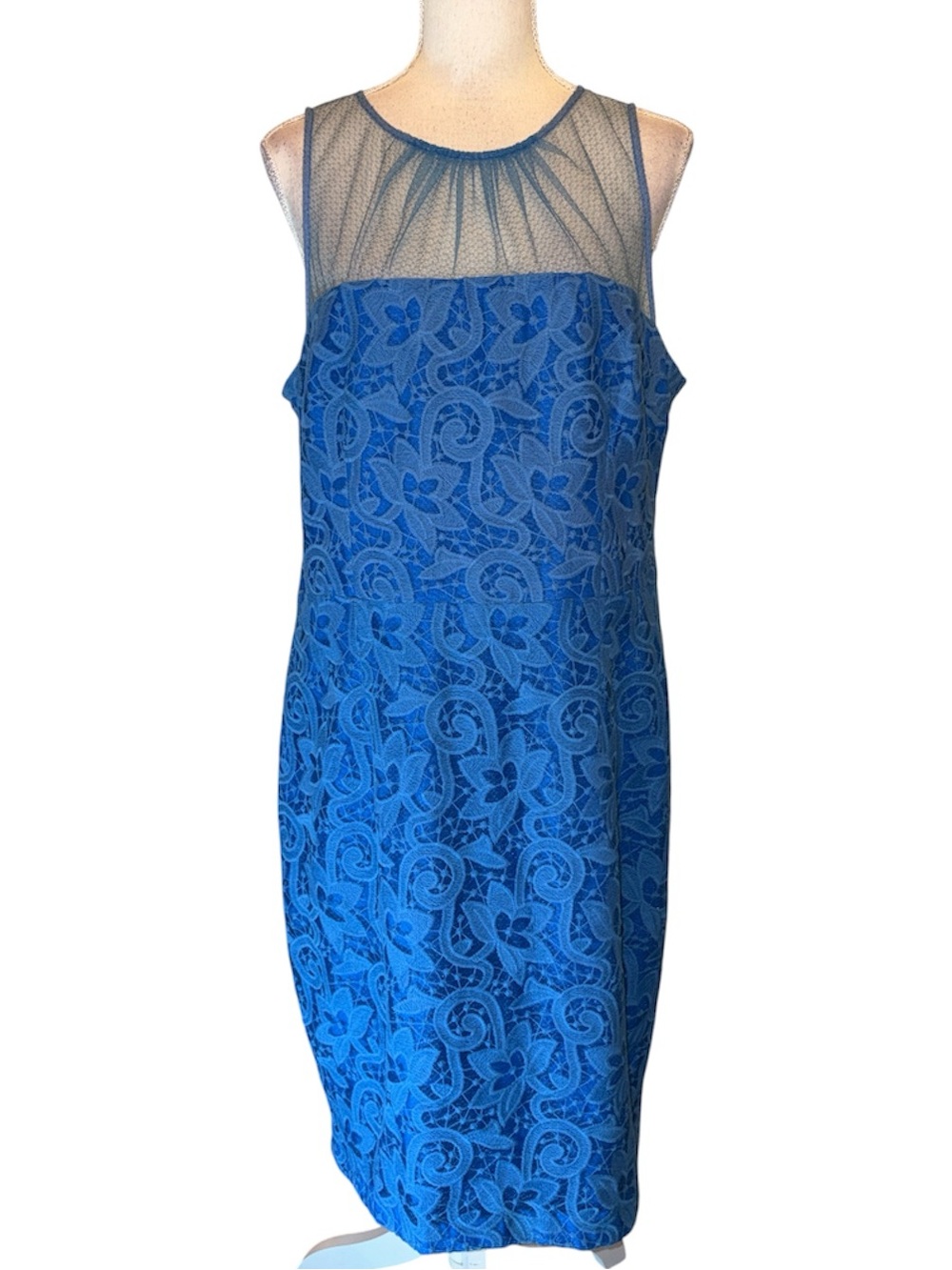 Maggy London blue lace sheer sleeveless floral midi dress